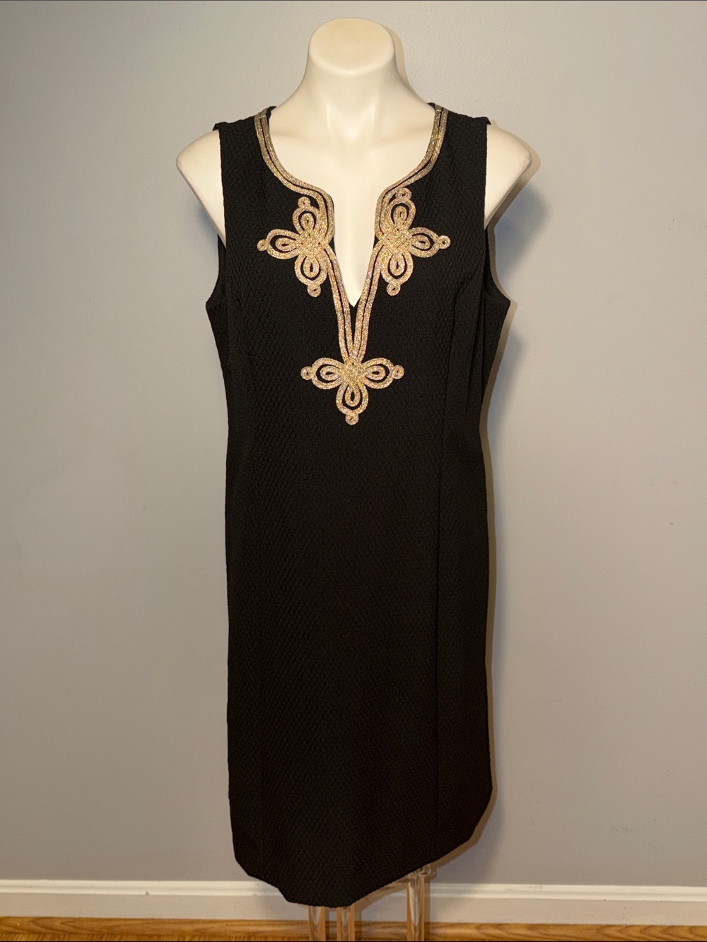 Pappagallo Black Midi Sheath Dress with Gold Embellished V-Neck. Size 14.